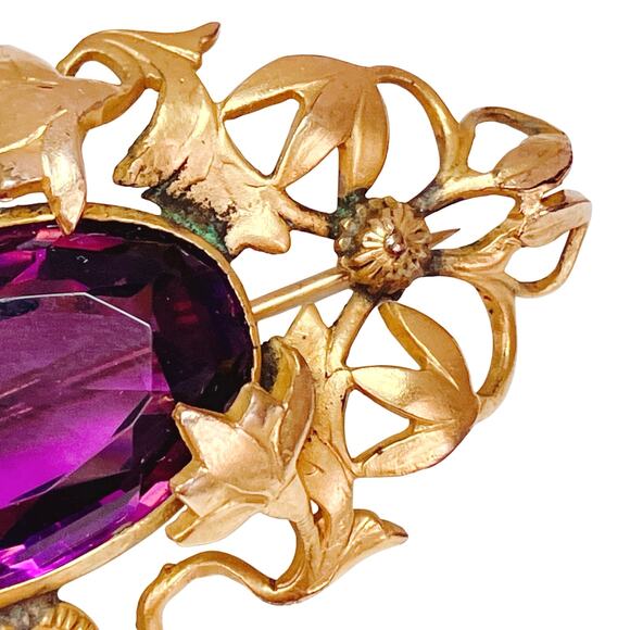 Antique Art Nouveau Gold Tone Ivy Vine Brooch Purple Glass Edwardian 1900s Pin - Picture 5 of 14
